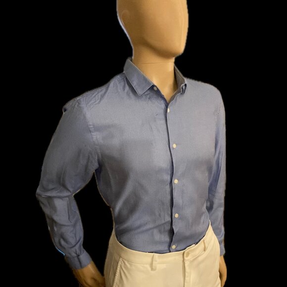 Blue Collared Shirt/Black Pattern Zara Man USA Large/ Mex. 42 Slim Fit - Picture 5 of 6